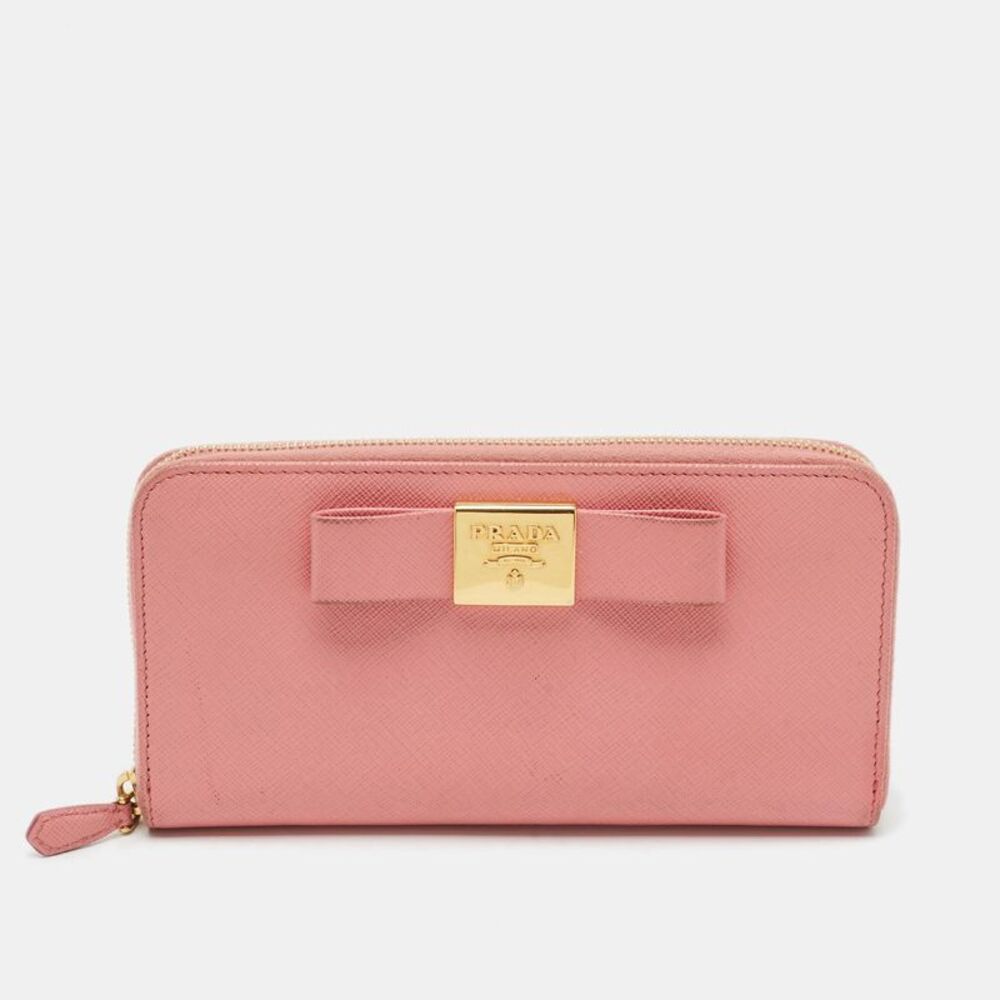Prada Bow Pink Saffiano Leather Zip Around Wallet